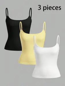 Women's Tight Fitting Tank Tops 3-Pack, Sweet & Spicy Spaghetti Strap Sleeveless Design, Plain Color, Strappy Back, Short Length, Unlined