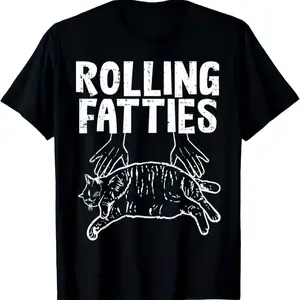 100% Cotton Rolling Fatties Cat Graphic T-Shirt, Cotton Crew Neck, Short Sleeve
