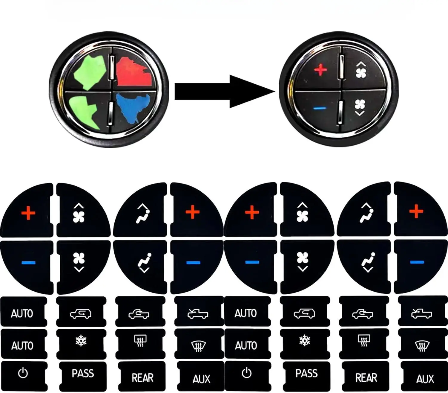 Two-piece air conditioning dashboard button repair kit - Compatible with Chevrolet, best for repairing damaged and faded air conditioning control buttons - Decal replacement suitable for some 2007-2014 General Motors models - Car, SUV, van, truck parts