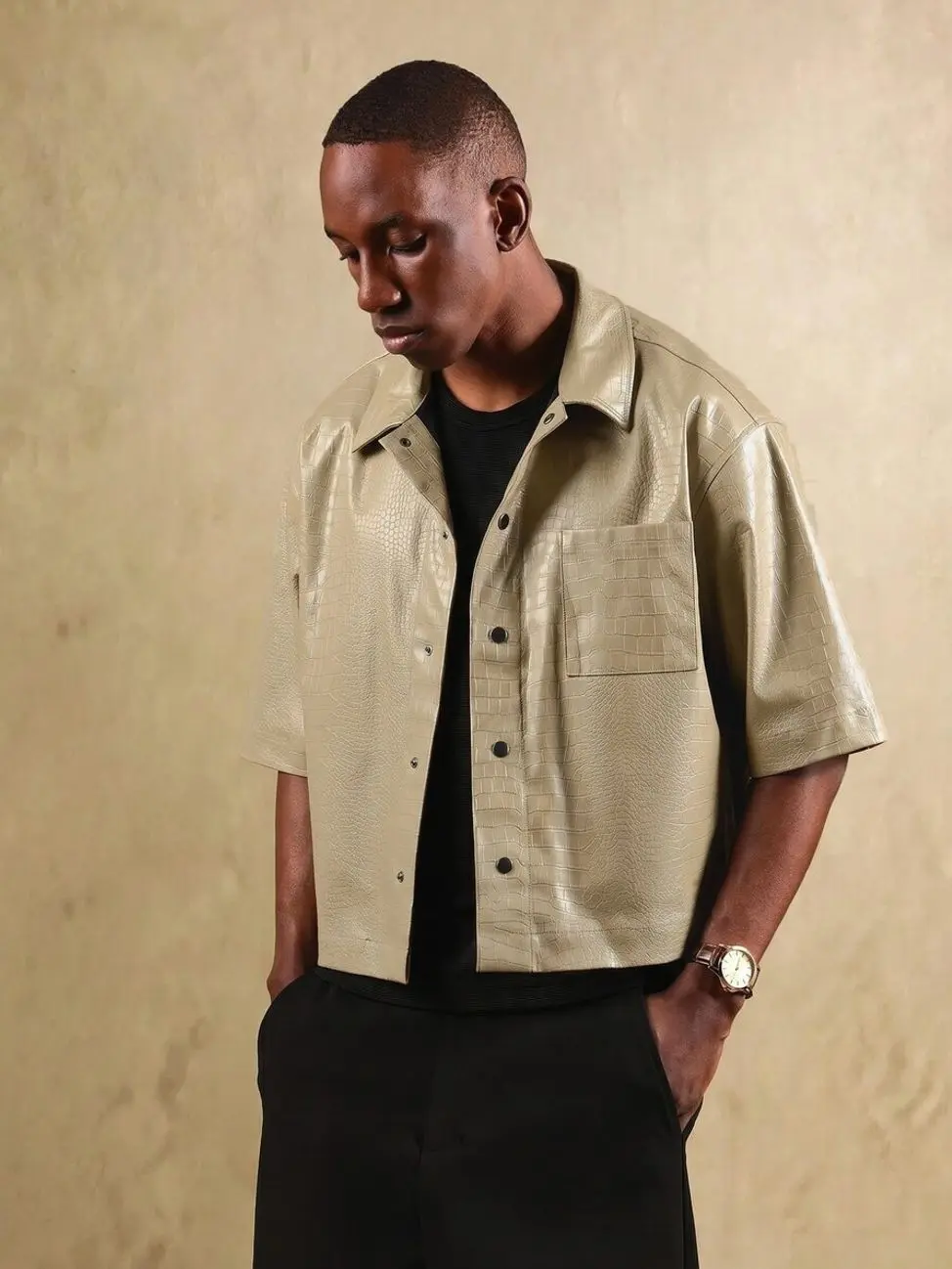 Men’s clothes - Mens Crocodile Texture PU Leather Shirt, Short Sleeve Button Down, Trendy Streetwear Top vacation outfits men's clothing mens clothing male clothing trending clothes y2k clothing streetwear clothing y2k shirts