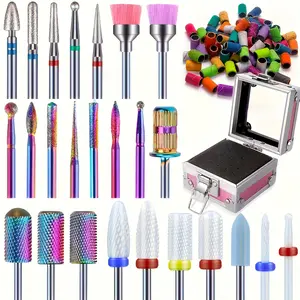 Professional nail drill bit set for salon and home use, featuring tungsten steel ceramic drill bits and multicolor sanding bands, suitable for gel filing and nail extensions, includes a storage box