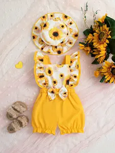 Baby Girls Valentine's Day Sunflower Bow Cross Back Romper + Hat, Cute Sleeveless High Waist A-Type for Outdoor Wear