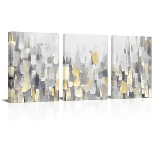 Grey and Gold Wall Art Yellow Grey Painting Pictures Prints Gray Decor 12x16inchx3pcs