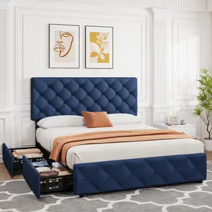 Full Size PU Leather Upholstered Platform Bed Frame with 4 Storage Drawers Adjustable Button Tufted Headboard Solid Wooden Slats Support Noise-Free Sturdy Construction No Box Spring Needed Easy Assembly Modern Elegant Bedroom Furniture for Home Guest Room