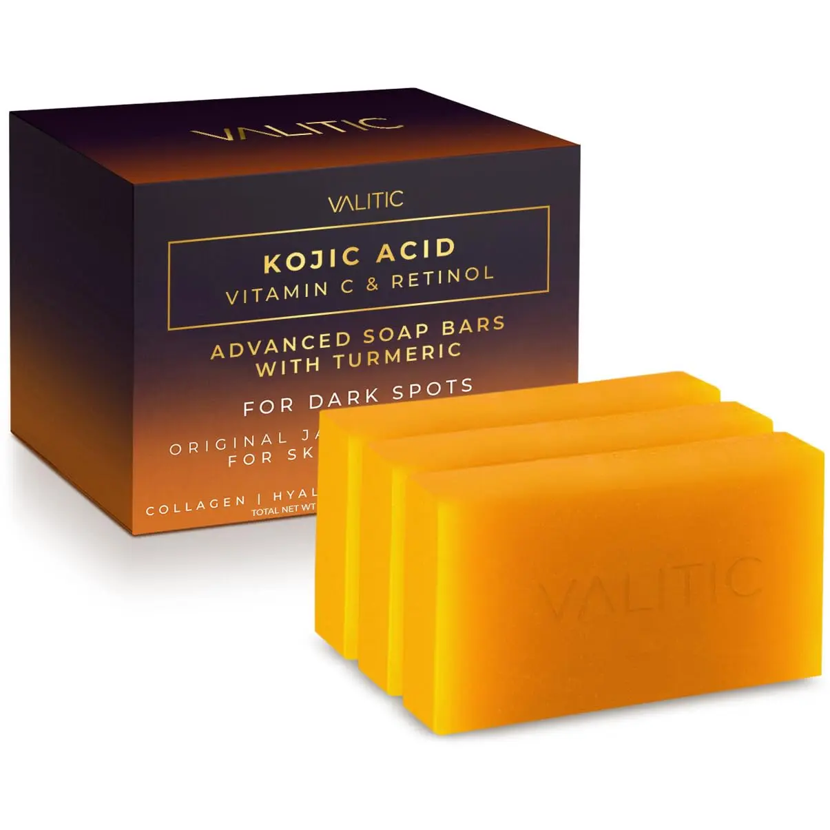 VALITIC Kojic Acid, Vitamin C & Retinol Turmeric Soap Bars (3 Pack) - Body Care Cleanser for Dark Spots, Face & Body Use, Brightens Skin, Japanese Complex with Collagen, Hyaluronic Acid, Vitamin E, Skin Repair, Patch Test
