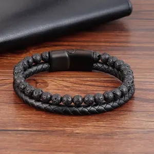Black Lava Rocks Gemstone Beaded Hand Braided Vegan Leather 2 Strand Men Fashion 8in Wrap Bracelet, Healing Protection Strength Bracelet, Gift for him