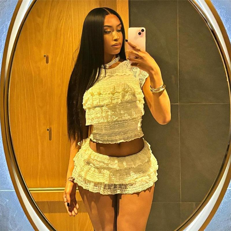 SERENZY-  Sexy Hollow Ruffle Crop Top Shorts Skirt Women Solid Elegant Slim Clothes 2 PieceS