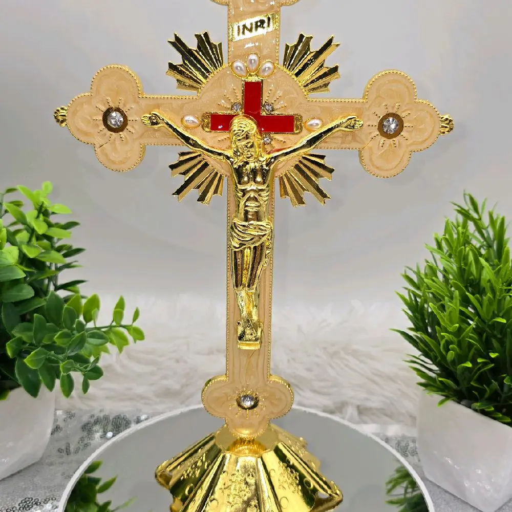 Crucifix with Red Stone Accents - Religious Home Decor
