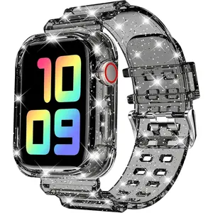 Compatible for Clear Apple Watch Band with Bumper Case 49mm 46mm 45mm 44mm 42mm 41mm 40mm 38mm, Women Men Glitter Bling TPU Sport Strap for iWatch SE Ultra 3 2 Series 11 10 9 8 7 6 5 4 3 2 1 Wearable Protection