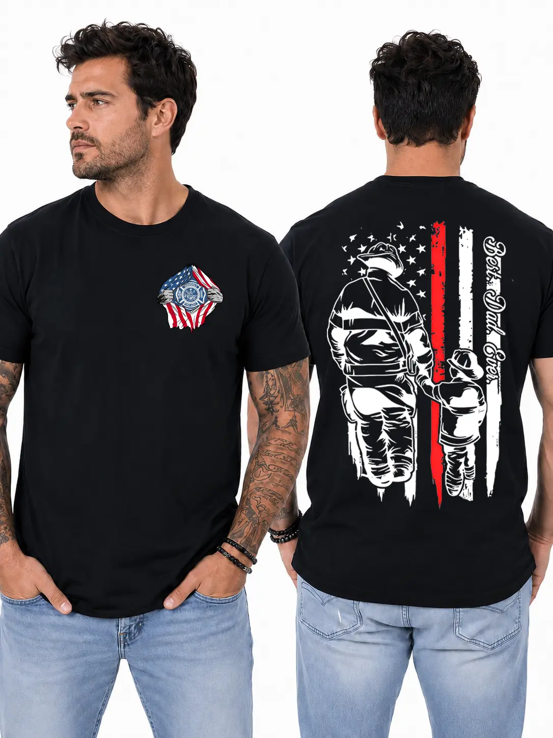 Firefighter Dad T-Shirt, Best Dad Ever Thin Red Line Father & Child Graphic Design, Your Brand Graphic Shirt for Firefighters & First Responders, Gift for Firefighter Dads or Father’s Day
