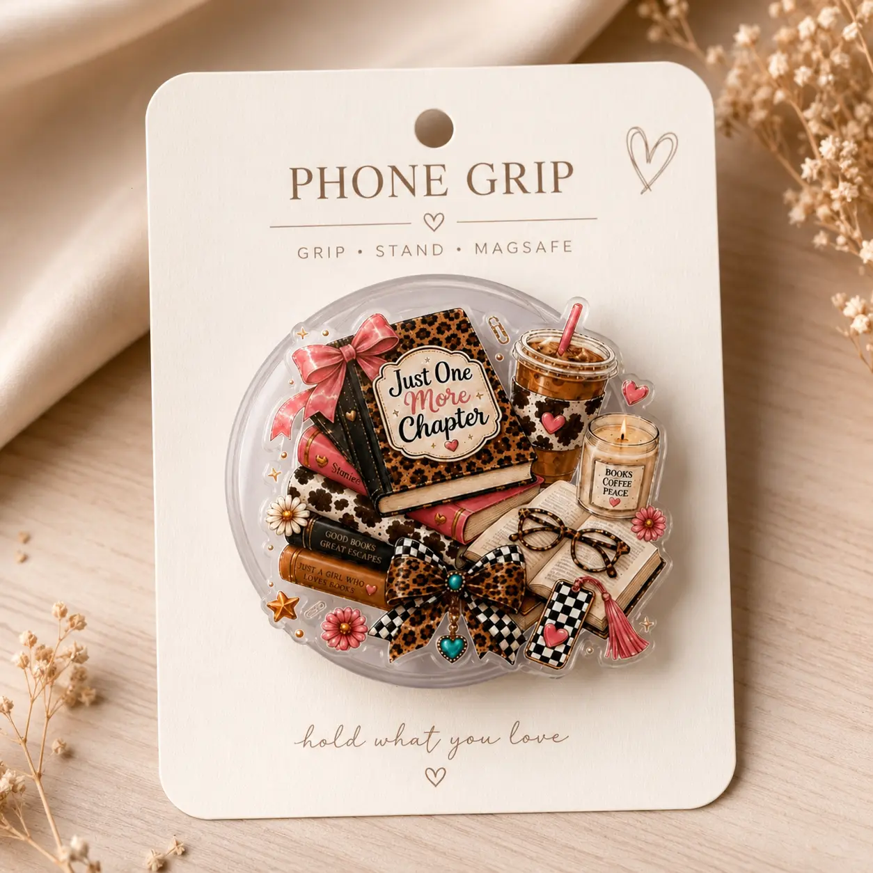 Book Lover Phone Grip, Kindle Grip, Coffee Books Leopard Bow Design, Coquette Western Cow Print Reading Aesthetic, Reader Gift
