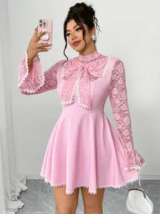 Elegant Chic Long Sleeve Dress with Stand Collar, Waist Cinching, Pleated Hem, Butterfly Knot Sleeves, Lace Trim, Plus Size Women's Fashion, Womenswear