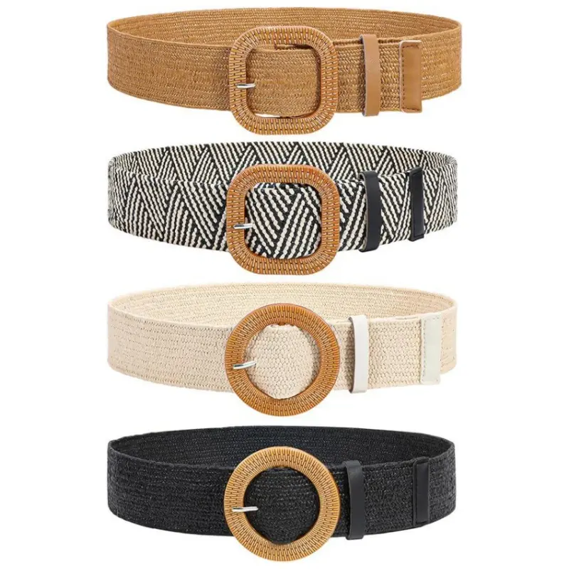 Women's 4-Piece Woven Elastic Waist Boho Style Belts - Adjustable, Stylish Waistband, Striped Unsecured Belt Loop Sewing Accessories for Dresses, Pants