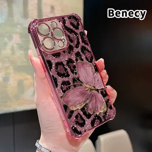 Fashion pink butterfly Pattern Four Corner Anti-Fall Phone Case Transparent Electroplated Protective Cover for iPhone 16 Pro Max 15 Plus 14 13 12 11 E