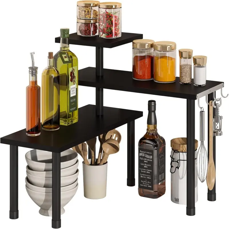 Black 3-Tier Kitchen Corner Shelf - Modern Space Saver w/Hooks & Easy Assembly Black 3-Tier Kitchen Corner Shelf - Modern Space Saver w/Hooks & Easy Assembly