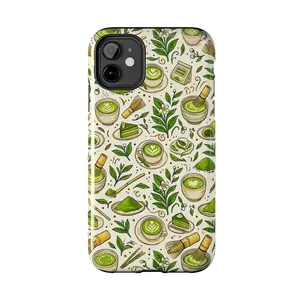 Matcha Tea Pattern Phone Case | Green Latte, Tea Leaves, Whisk Design