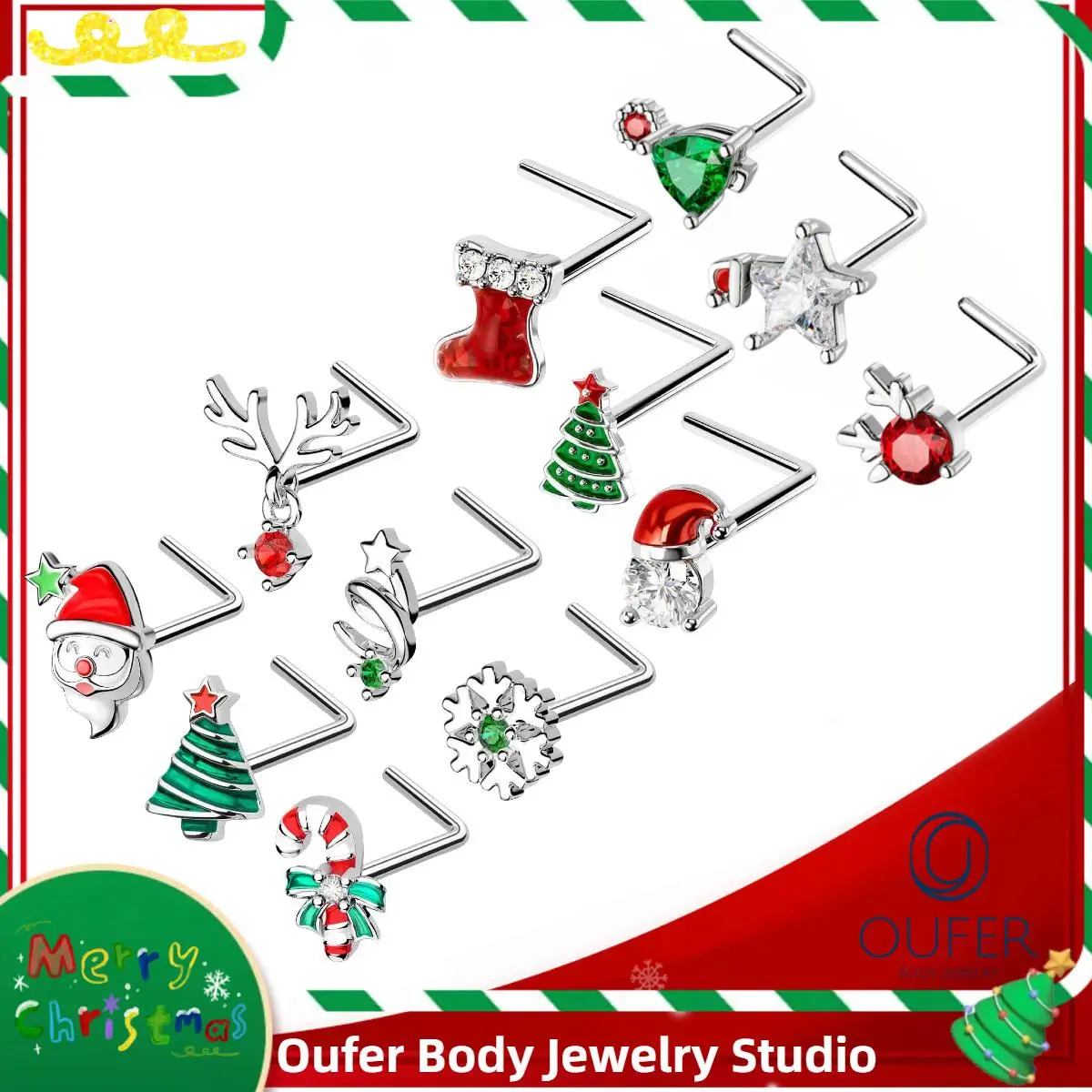 OUFER BODY JEWELRY Holiday Nose Jewelry Set, 3 L-Shaped Body Piercing Studs with Santa Claus, Tree & Boot Motifs and Sparkling Stones, Cute, Christmas, Unisex, Cubic Zirconia, 20G, Cz Diamond Piercing Jewelry
