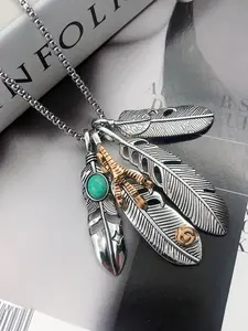 Unique Eagle Claw Turquoise Feather Detail Geometric Pendant Necklace, Unisex Streetwear Accessory, Trendy Fashion Jewelry for Men and Women