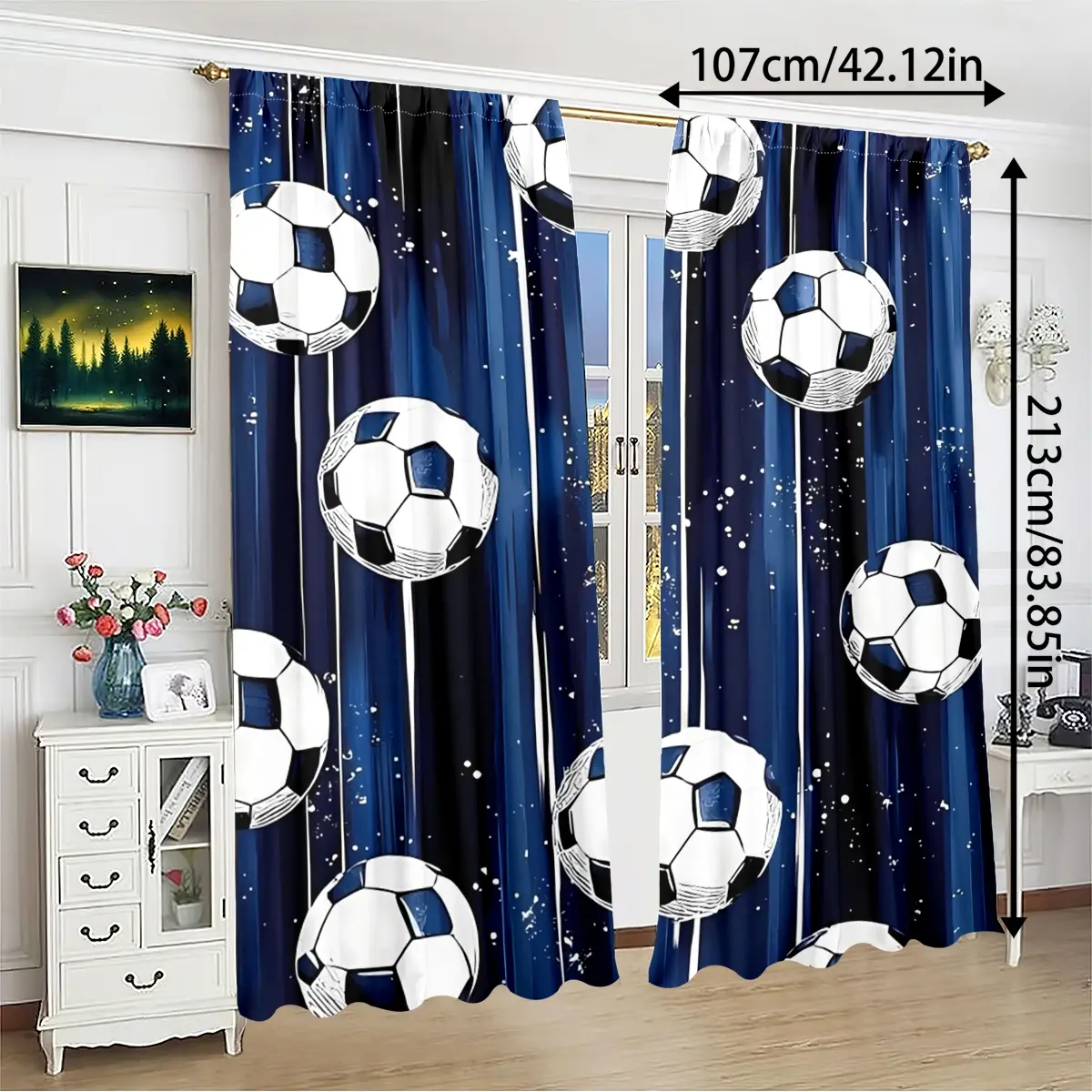 2pcs HD Digital Print Blue Football Pattern Curtains, Polyester Material, Semi-Transparent Privacy Protection, Washable, Bedroom and Living Room Decor, Home Decoration Curtain, Home Decorative Curtain, Window Curtain