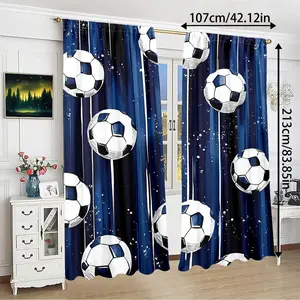 2pcs HD Digital Print Blue Football Pattern Curtains, Polyester Material, Semi-Transparent Privacy Protection, Washable, Bedroom and Living Room Decor, Home Decoration Curtain