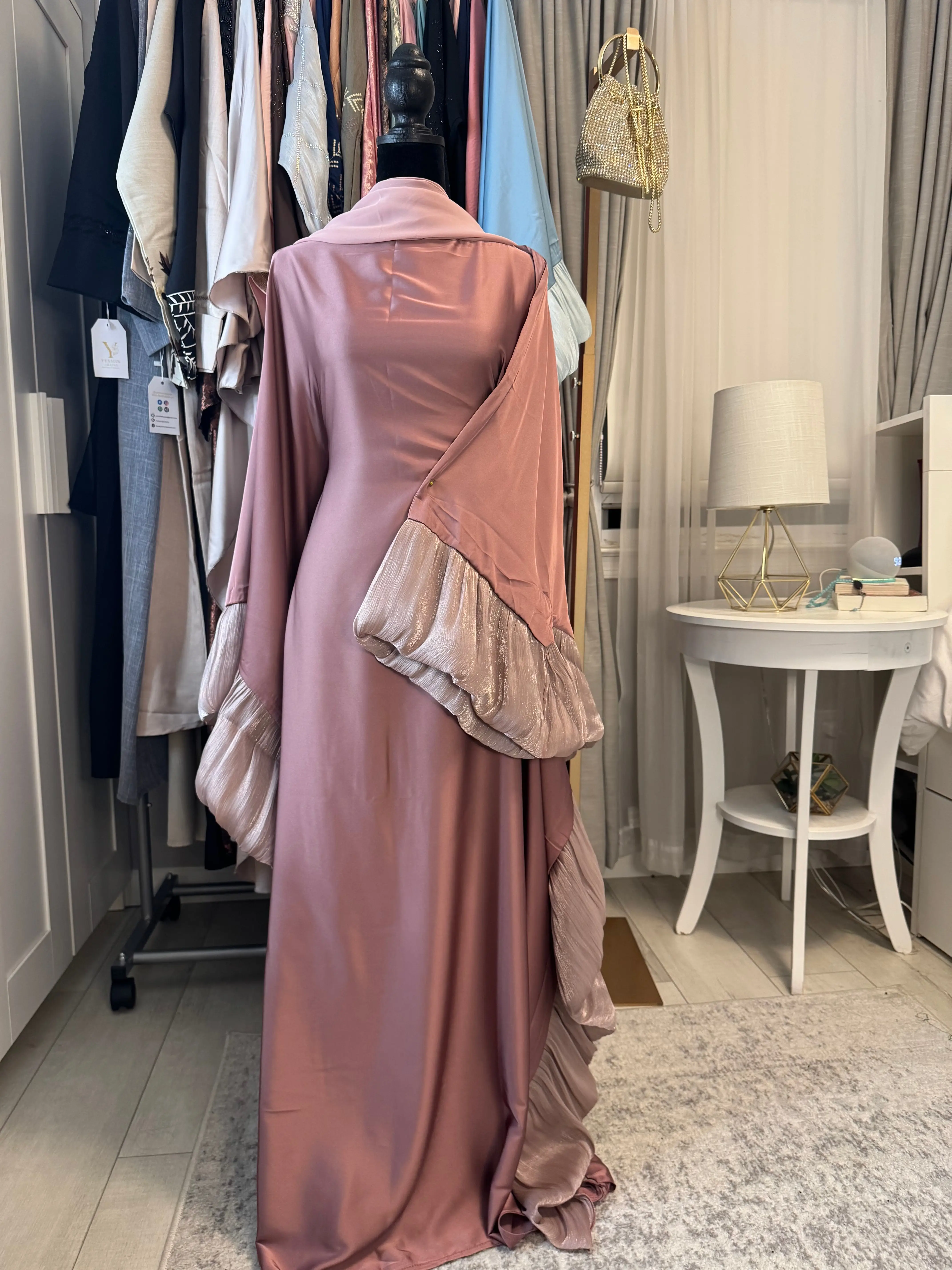 Satin Meera Abaya with Double Pleated Sleeves - Pink