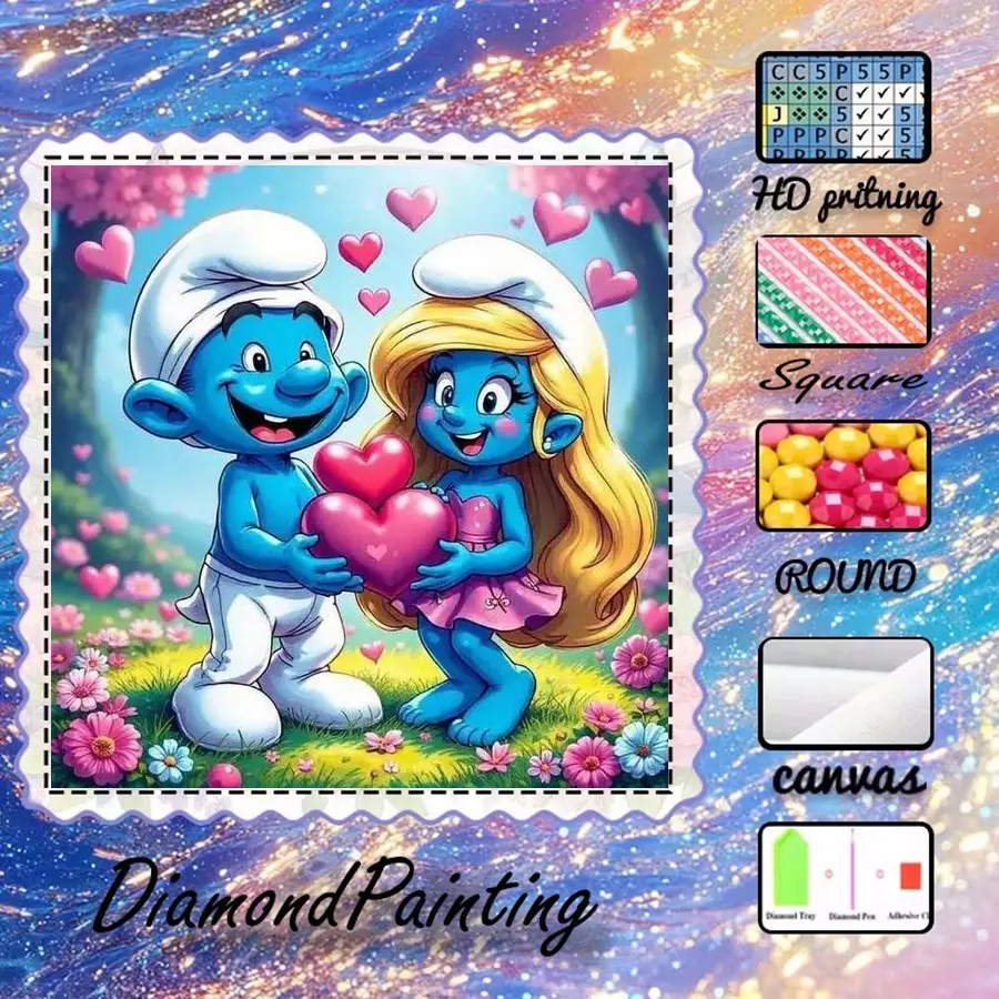 5D-DIY, High-Quality Velvet Canvas, Diamond Art, Diamond Painting, Smurf Couple, AB Diamonds, Fairy Dust Diamonds, Crystal Diamonds, Perfect Home Decoration, Handmade Diamond Art Painting Kit, Special Craft Diamond Art Kit, Handmade Gifts