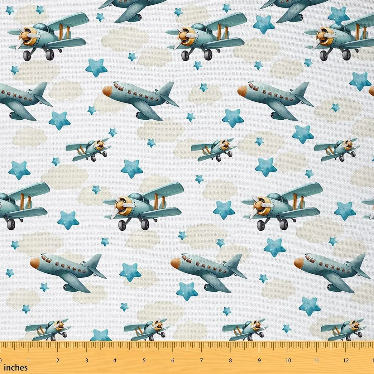 Cute Airplane Fabric Cartoon Plane Soft Flannel Polyester No Stretch Sewing,Aircraft Kawaii Cloud Star Print Decor Home DIY Projects,,Waterproof