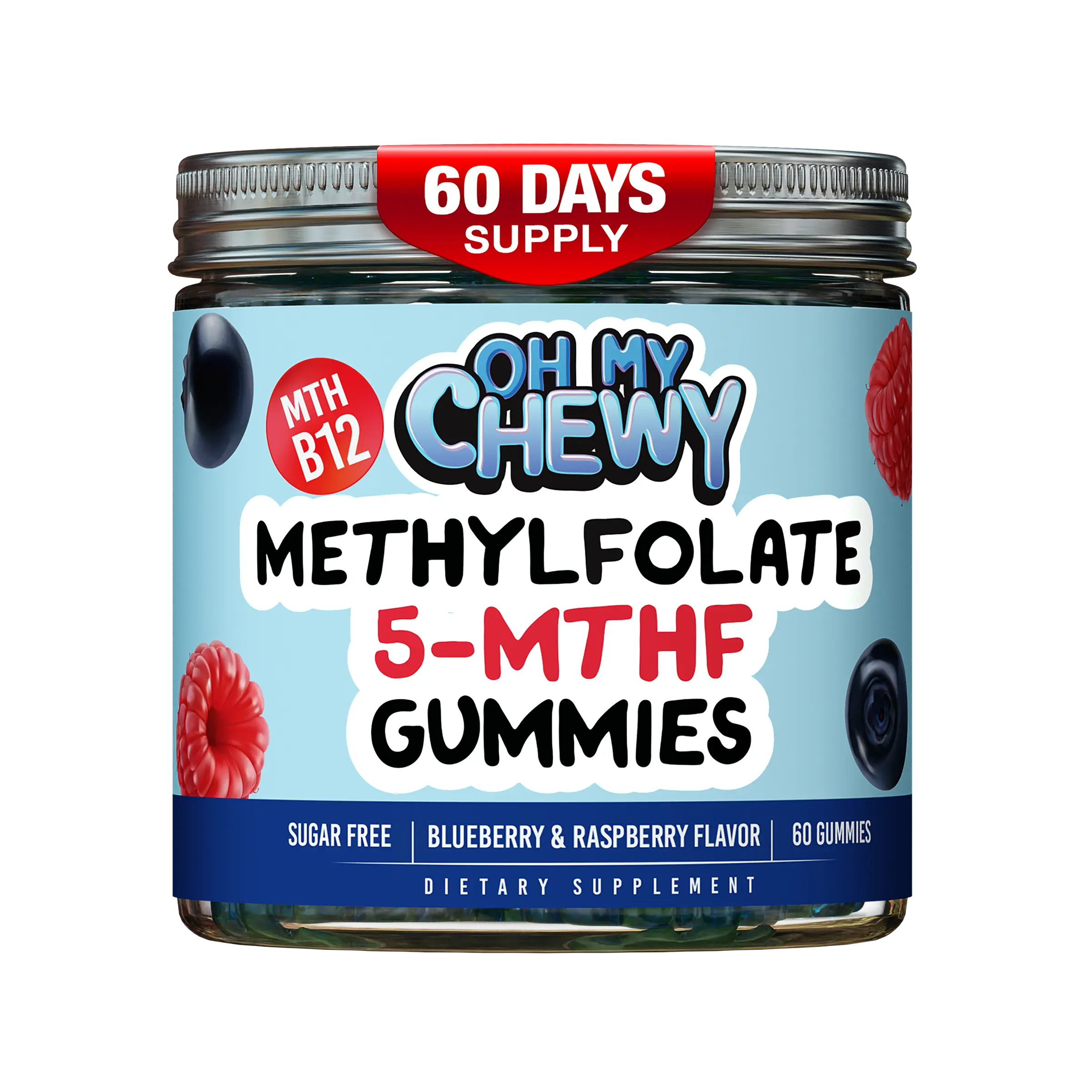 OH MY CHEWY Dietary Raspberry Chewable Center-Filled 5-MTHF Folate L-MethylFolate Sugar-Free Gummies - Methylated B1, B6, Methyl B12 Multivitamins - Supports MTHFR Gene, Cognition, Homocysteine Levels, Folate Metabolism - 60 Ct