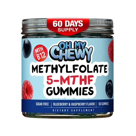 OH MY CHEWY Sugar-Free Gluten-Free Raspberry Center-Filled 5-MTHF Folate L-MethylFolate Gummies - Methylated B1,B6,Methyl B12 Multivitamins, 0g Sugar, Berry Blue Flavor, All Ages, Cognitive Boost, MTHFR Gene Support, 60 Count Supplements