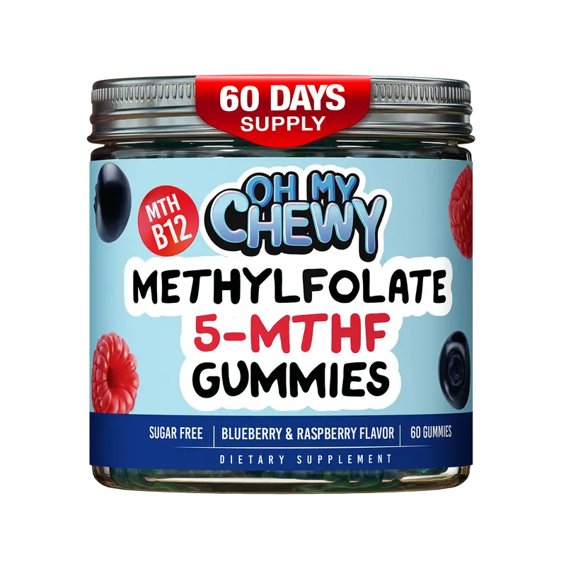 OH MY CHEWY Sugar-Free Gluten-Free Raspberry Center-Filled 5-MTHF Folate L-MethylFolate Gummies - Methylated B1,B6,Methyl B12 Multivitamins, 0g Sugar, Berry Blue Flavor, All Ages, Cognitive Boost, MTHFR Gene Support, 60 Count Supplements
