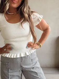 Rilee Ribbed White Scoop Neck Top in Ivory