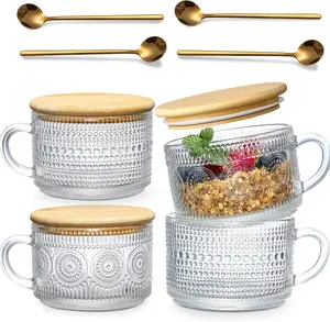 Vintage Coffee Mugs 4pcs Set, Tea Cups with Bamboo Lids and Spoons, 14 Oz Glass Coffee Cups, Ideal for Cappuccino, Latte, Tea Drinkware Aesthetic mugs coffee glass