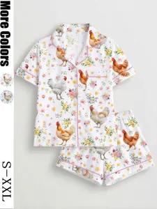 Women's Rooster Print Pyjama Set, Short Sleeve Button-Up Soft Top & Loose Elastic Shorts, Casual Home Wear for All Seasons