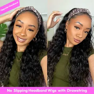 Unice Glueless No Slipping Water Wave Lace Headband Wigs with Drawstring All-Day Security Put On and Go Human Hair Wigs Beginners Friendly
