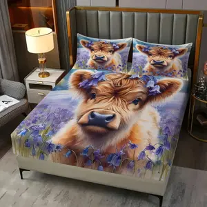 Cute Highland Cow Fitted Sheet Set (3 Pcs): Includes 1 Fitted Sheet + 2 Pillowcases (No Filler), with Holiday Floral Western - Style Cow, Bedroom Homestay Kids' Apartment Holiday Themed Room Bed, for Kids, Couples, Family, Friends, Animal Lovers Gift
