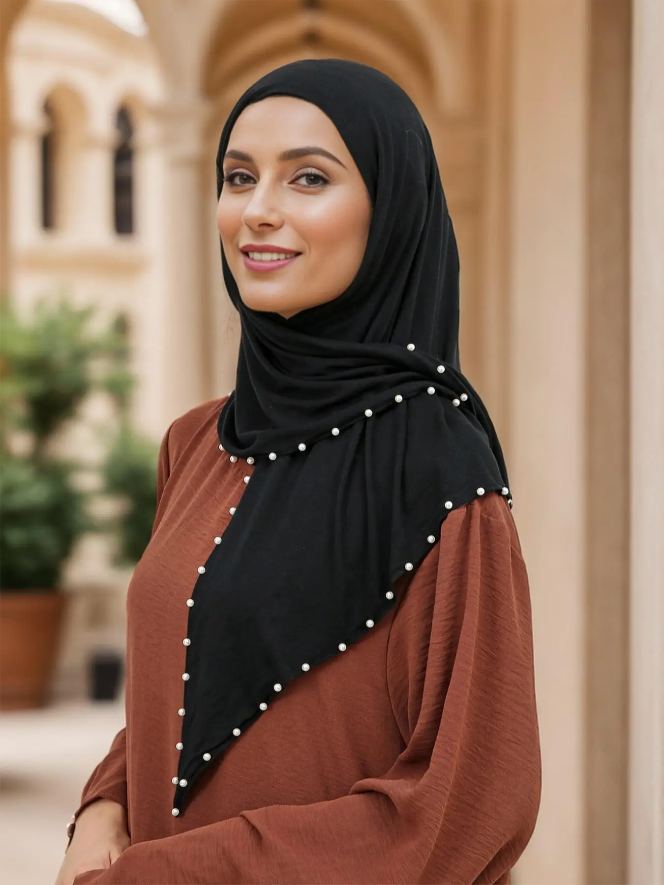 Women's Solid Color Faux Pearl Decor Instant Hijab, Modest Casual Breathable Hijab for Daily Wear, Women's Islamic Clothing for All Seasons