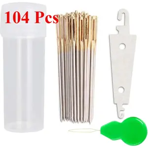 104 Pcs Include 100 Pcs Cross Stitch Needles +2 Needle Threader Golden Color Large Eyes Cross Stitch DIY Embroidery Hand Needles Sewing Needles in Transparent Box