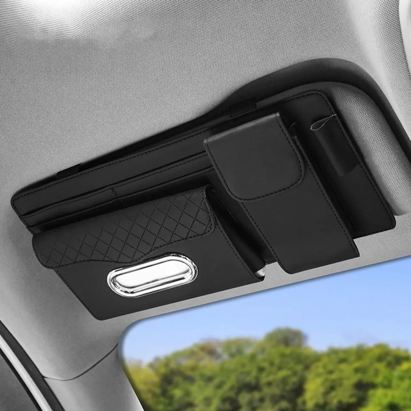 Leather Car Visor Organizer, Sun Visor Storage Bag, Car Tissue Holder, Multi-Pocket Document Holder, Car Storage Organizers, Multifunctional Car Organizer, Vehicle Travel Accessories for Pen, License, Cards, Sunglasses, Tissues (Black)