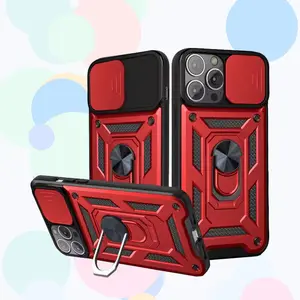 Armor Hard Case with Sliding Window Cover & Aluminum Alloy Stand for iPhone 11 12 13 14 15 16 17 Pro Max Plus, Military Grade Drop-Proof Shockproof Protective Phone Case, Outdoor Heavy Duty Phone Cover