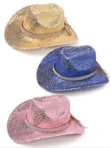 Unisex Sequined Cowboy Hat, Western Style Rhinestone Fringe Sun Hat, Music Festival Party Accessory, Wide Brim Beach Hat for Photoshoots, Cowboy Accessories