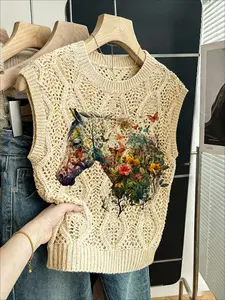 Women's Casual Everyday Forest Floral Horse Animal Print Knit Vest, Round Neck Sleeveless Sweater, Comfortable Breathable Spring Summer Fall Top