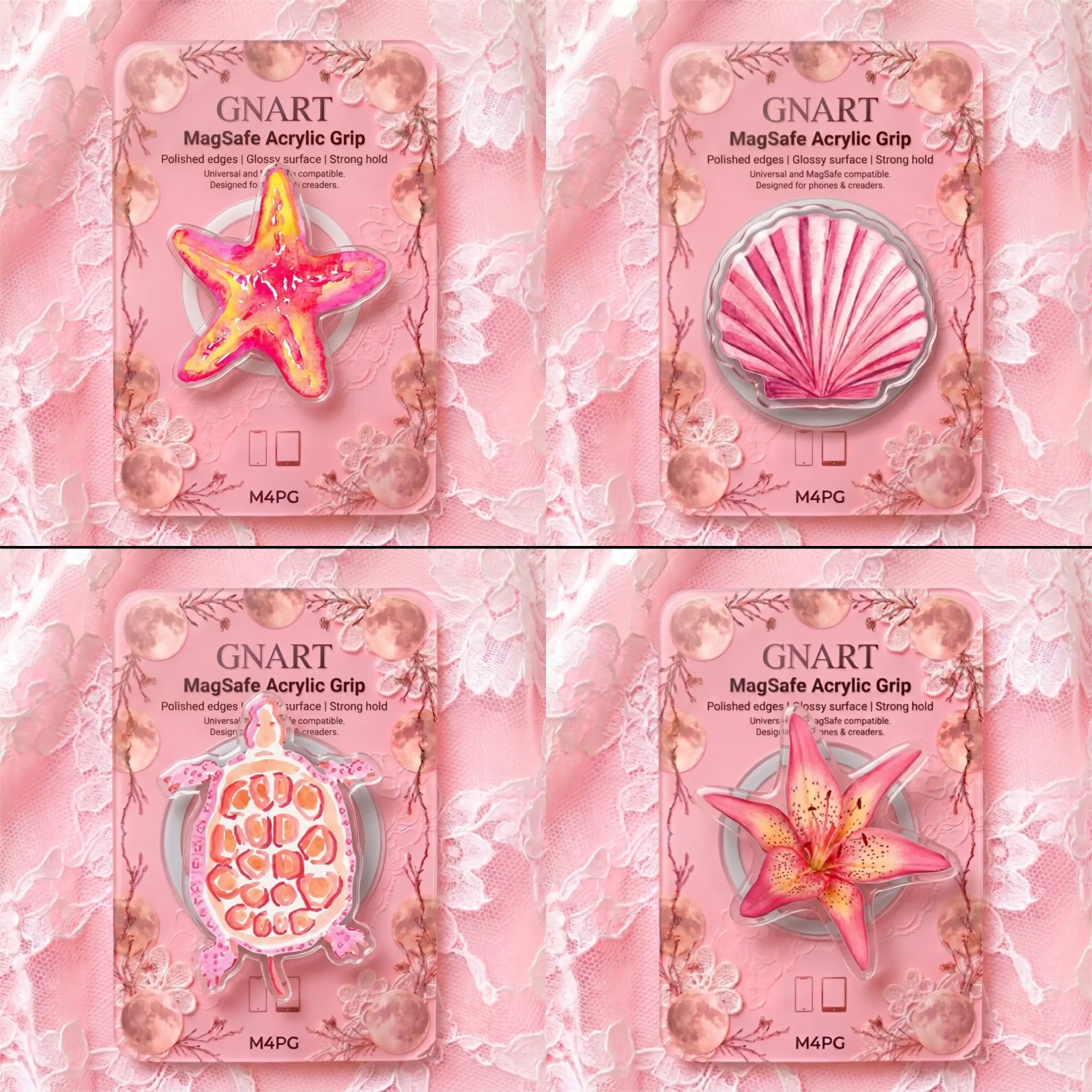 Summer Mermaidcore Acrylic Phone Grip, Pink Watercolor Seashell Starfish Turtle Cell Phone Holder, Coastal Beach Vibe Phone Stand, Cute Marine Botanical Aesthetic Tech Accessory Gift