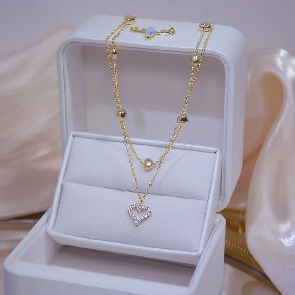 Layered Gold-Plated Necklace for Women with Zircon Heart Pendant, Elegant Double Chain Jewelry, Good Gift for Friends and Family, Female, Good Gift For Family, Friends, Coworkers, Chain & Link, As Picture Shown, Metal Coating, Unisex, Layered Gold Chains