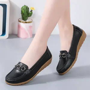 Women's Leather Loafers, Split-Grain Leather Slip-On Flats with Metal Buckle, Lightweight Breathable Shoes for Work & Casual Footwear Girl