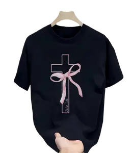 Unisex Short-Sleeve Casual Round Neck T-Shirt - Coquette Christian Pink Bow Cross, John 3:16 Bible Verse Sports Top for Men and Women