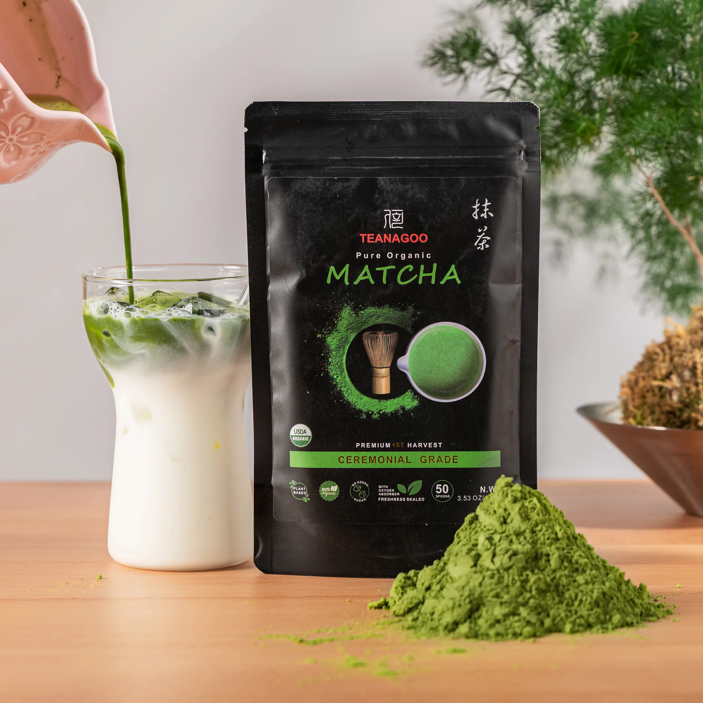 TEANAGOO Ceremonial Grade Matcha Powder, USDA Organic Premium First-Harvest, Natural Unsweetened No Additives, for Latte & Traditional Tea Ceremony