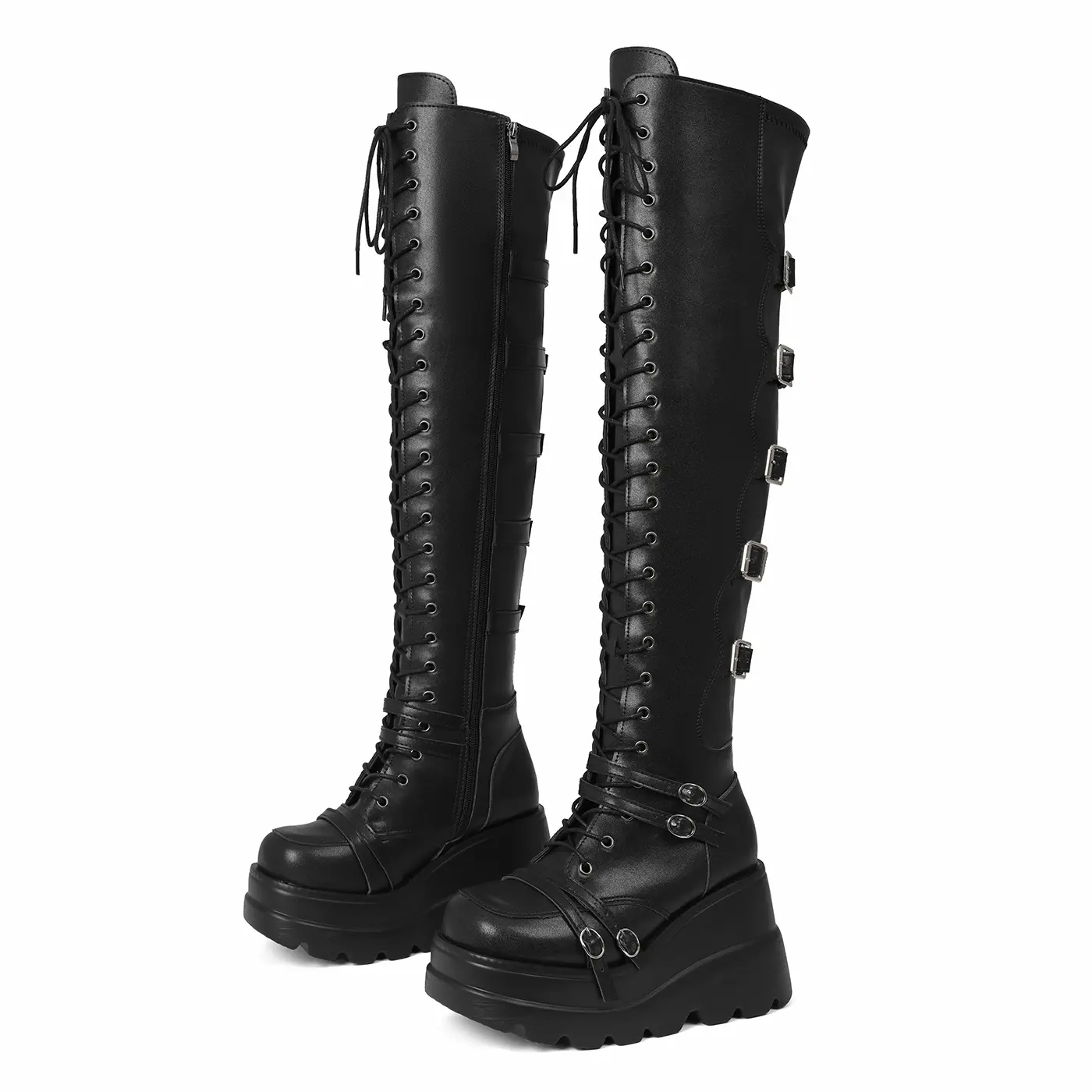 AOSPHIRAYLIAN Women's Gothic Thigh-High Boots, Punk Platform Wedge in Stretch PU Leather with Lace-Up Buckles and Round Toe, Shoes, Walking Shoes, Alt Outfits
