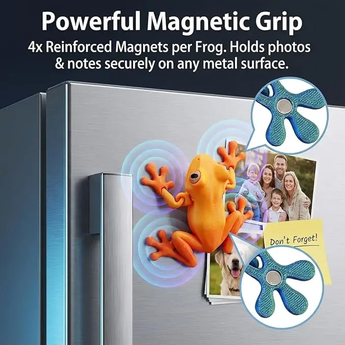 3D Printed Magnetic Frog, 2025 New 3D Printed Frog Fridge Magnets, Realistic Jointed Jumping Frogs ModelMovable Joint Frog Toy Model, Frog Refrigerator Magnets Decor, for Home Office Deco(4pcs )
