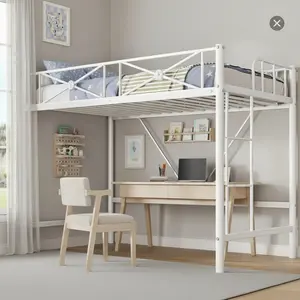 SA-Garvee Twin Size Loft Bed, Industrial Heavy Duty Metal Loft Bed Frame with Ladder and Guardrail for Kids Adults, Small Space Saving Design for Bedroom Dorm, White