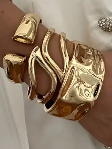 3-Piece Luxury Bracelet Set, Metal Wide Band, Twisted & Hammered Open Design, Hypoallergenic, Fade-Resistant, European Style Jewelry